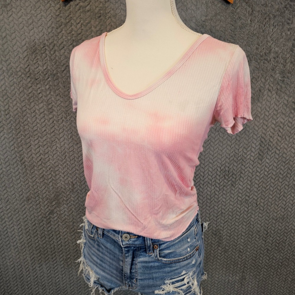 Moral Fiber Pink Tie Dye Ribbed‎ V-Neck Lettuce Edge Short Sleeve Top Size M